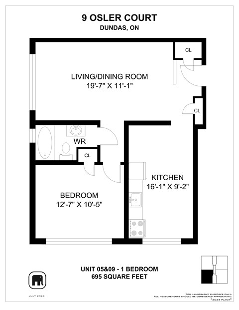 Floor plan for 1 bed, 1 bath